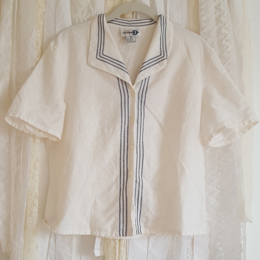 Linen/Cotton Button Up Top with Stripe Detail